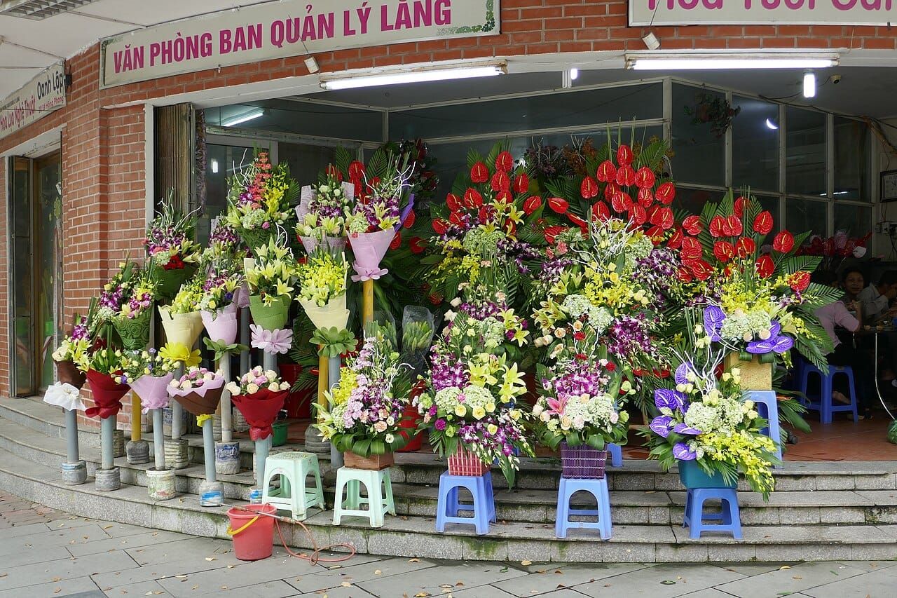 Những lẵng hoa chúc mừng rực rỡ bày trước cửa hàng — hoa mừng khai trương ở Hà Nội